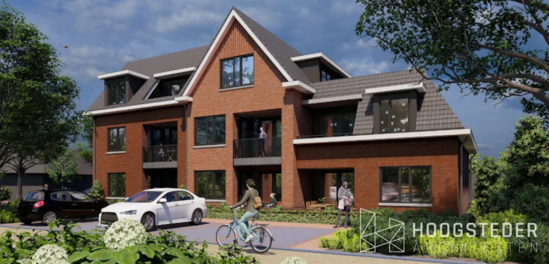 Appartementengebouw met kap, dakkapellen en balkons dat leest als een groot woonhuis