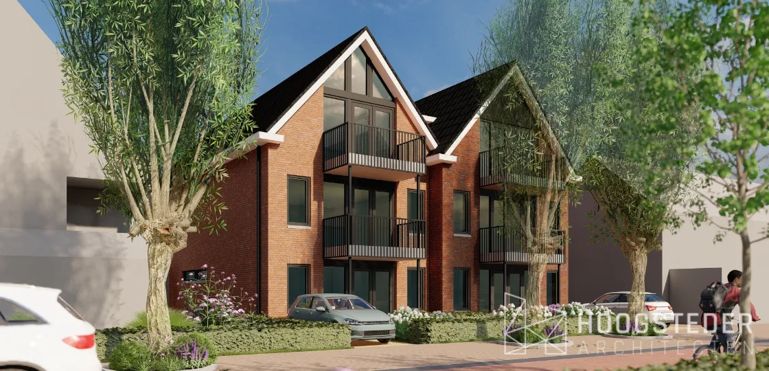 Appartementengebouw in rode baksteen met twee topgevels en balkons aan een straat in Lemelerveld