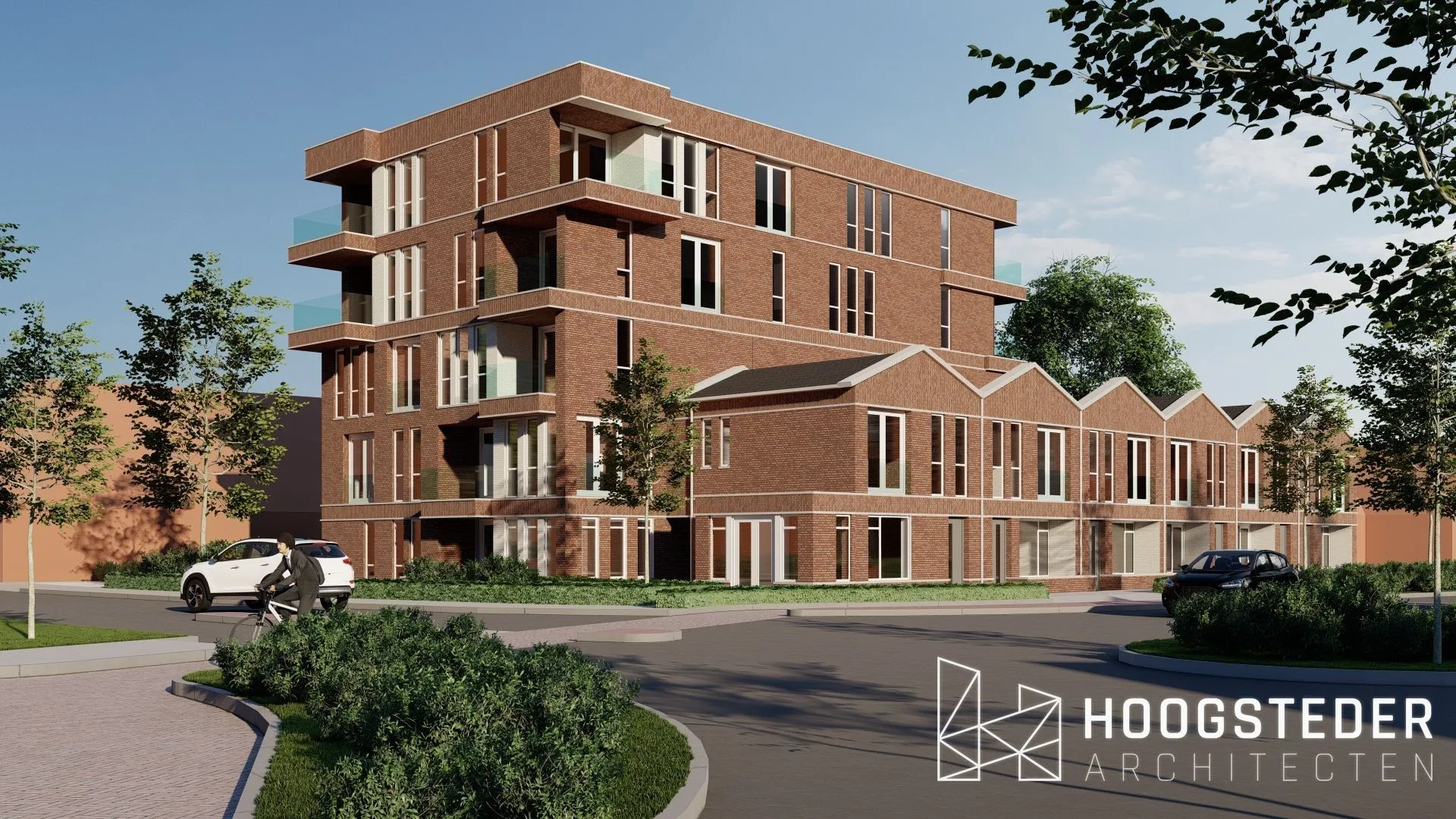 Appartementengebouw in rode baksteen met terugliggende balkons naast een rij lagere woningen
