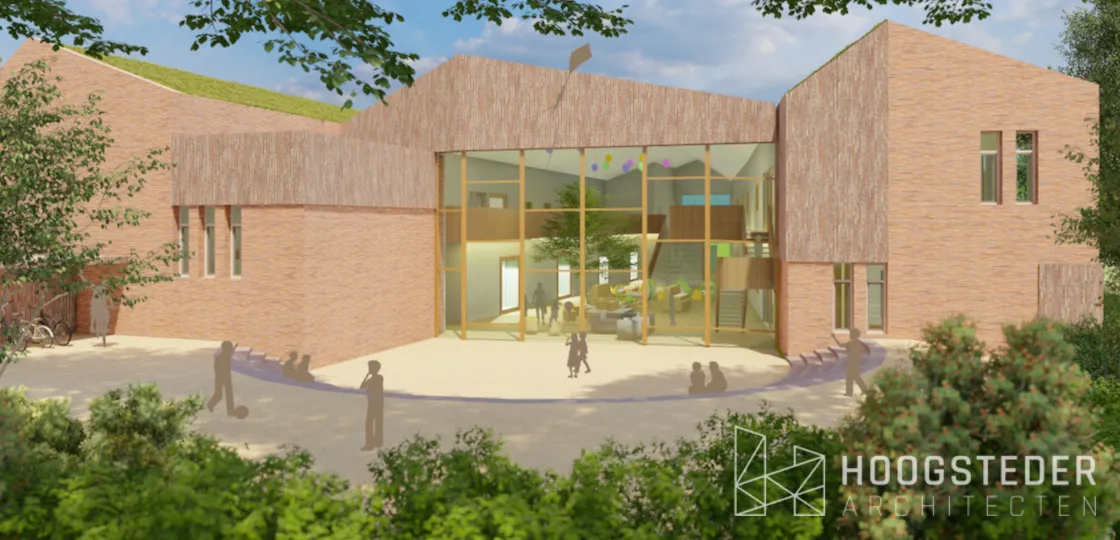 Nieuwbouw basisschool in lichte baksteen met een hoge glazen entree en een groen dak