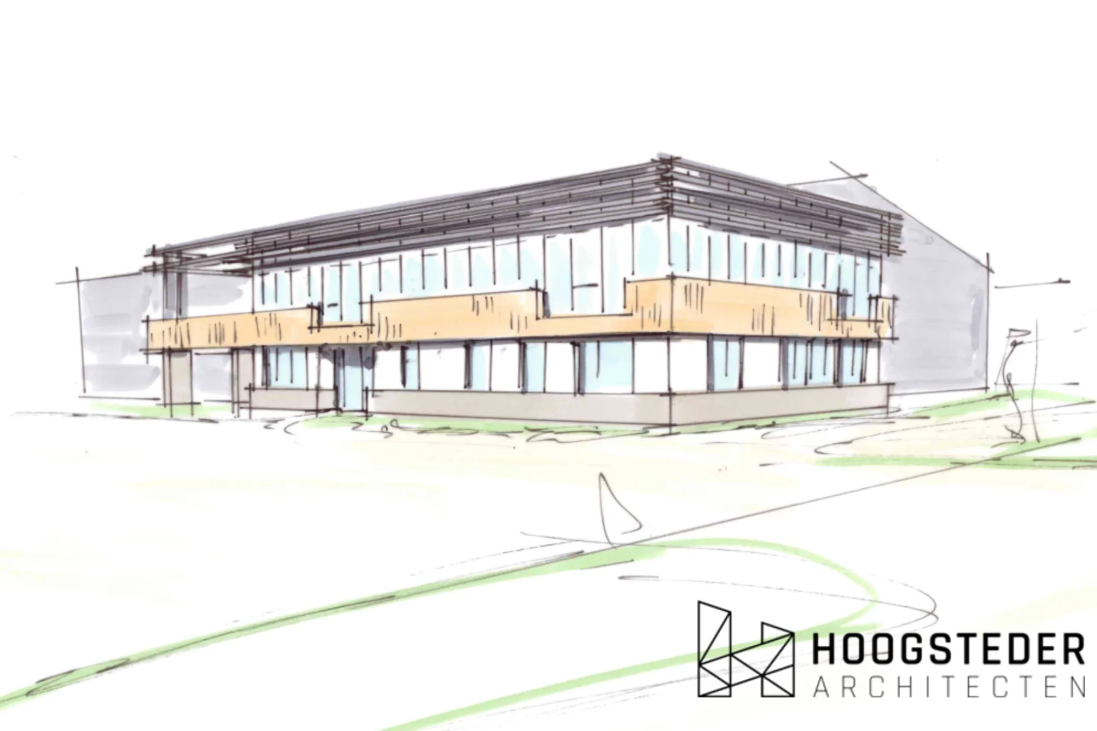 Ontwerpschets van het kantoorgebouw met de stalen draagconstructie en een houten geveldeel op de verdieping