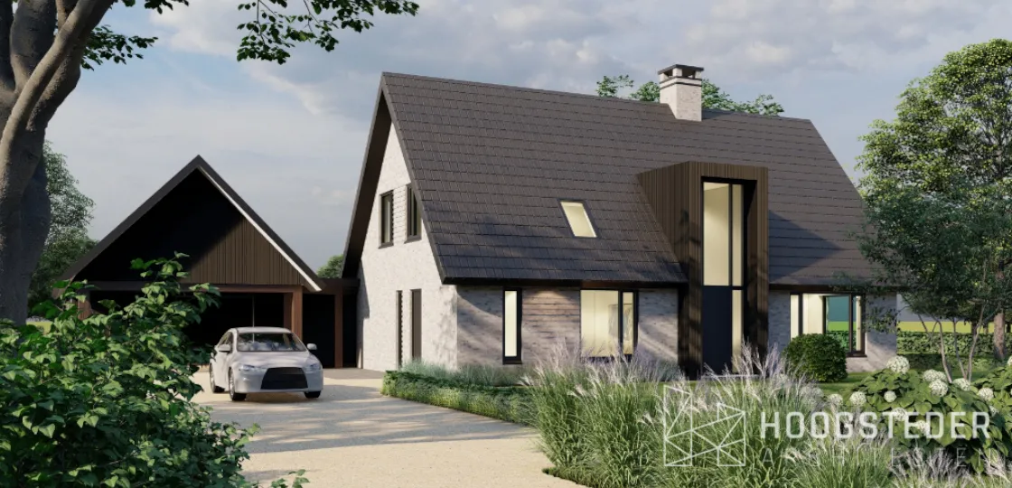 Landelijke woning met vooruitspringend entreedeel, wit stucwerk en een donkere kap