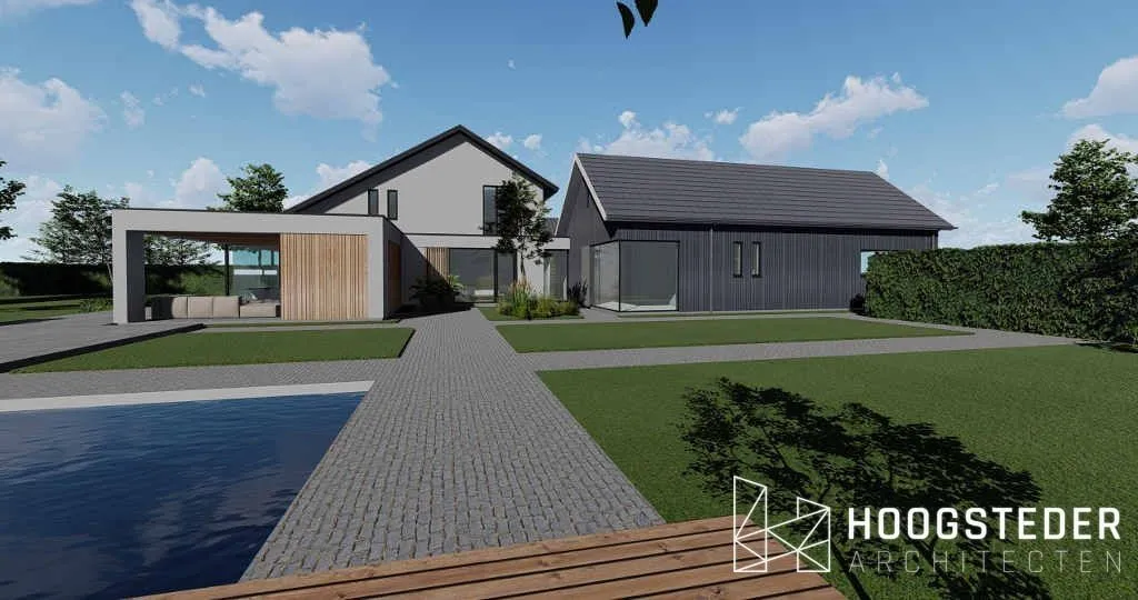Hoofdhuis met witte stuc en een bijgebouw in antracietkleurig hout, met een waterpartij op de voorgrond
