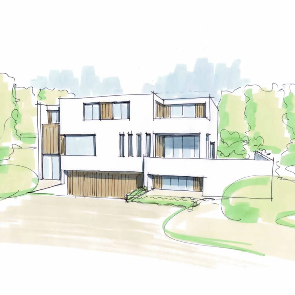 Handschets van een wit gestucte villa met houten delen