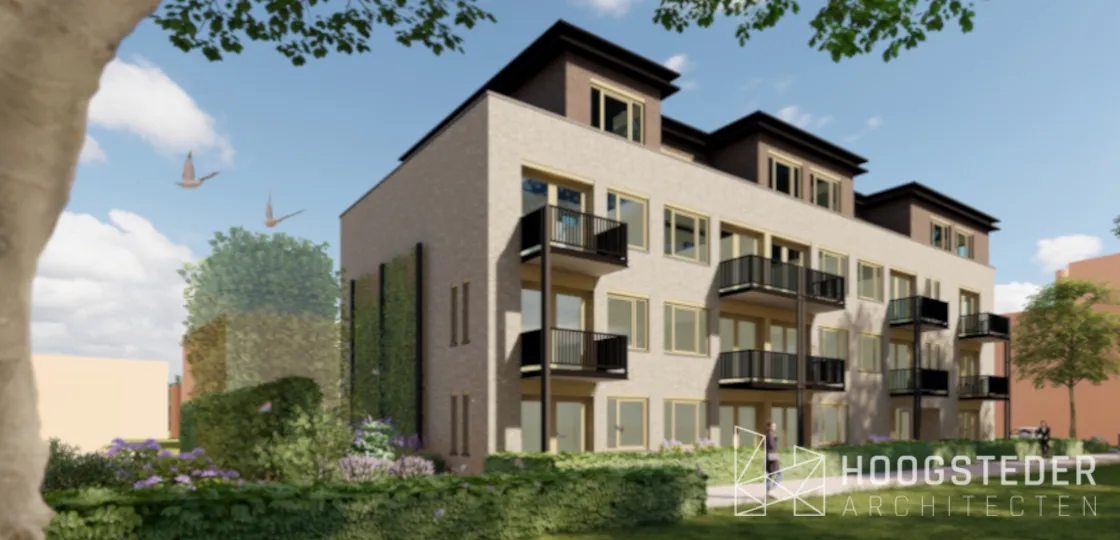 Appartementengebouw in lichte baksteen met donkere opbouw en balkons aan een groenstrook in Zwolle
