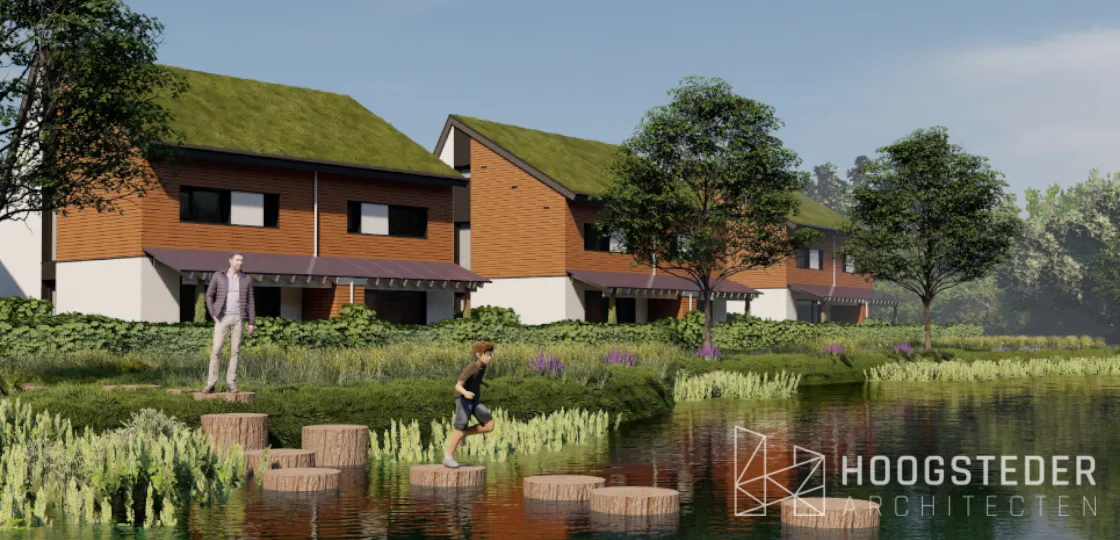 Rij woningen met sedumdaken en houten gevelbekleding aan de oever van een waterpartij